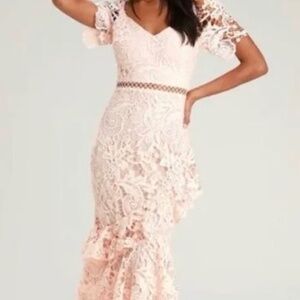 The Lulus Briarwood Blush Pink Lace Ruffled Midi Dress